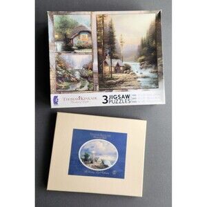 Deluxe Set Thomas Kinkade Painter of Light 3 Jigsaw Puzzles 100/550/700 Pieces